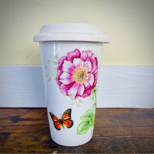 Lenox Butterfly Meadow Floral and Butterfly Ceramic Travel Mug with Silicone Lid